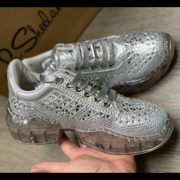 Lace Up Rhinestone Silver Chunky Platform Sneakers NWB! - Picture 14 of 16